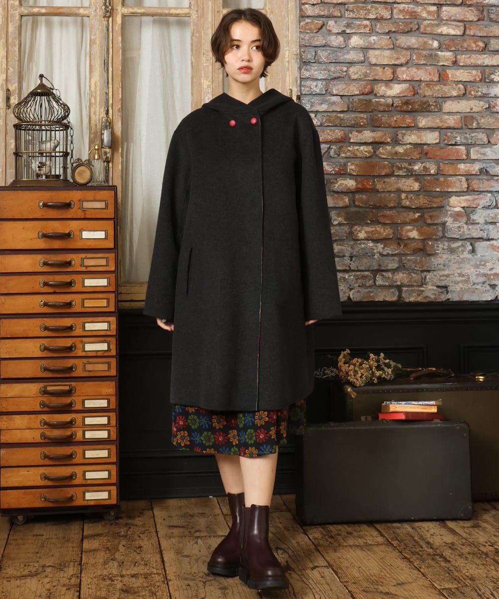 GJUAD33500 Jocomomola(ホコモモラ) 【2WAY】Wフェイスリバーフード付きロングコート ダークグレー