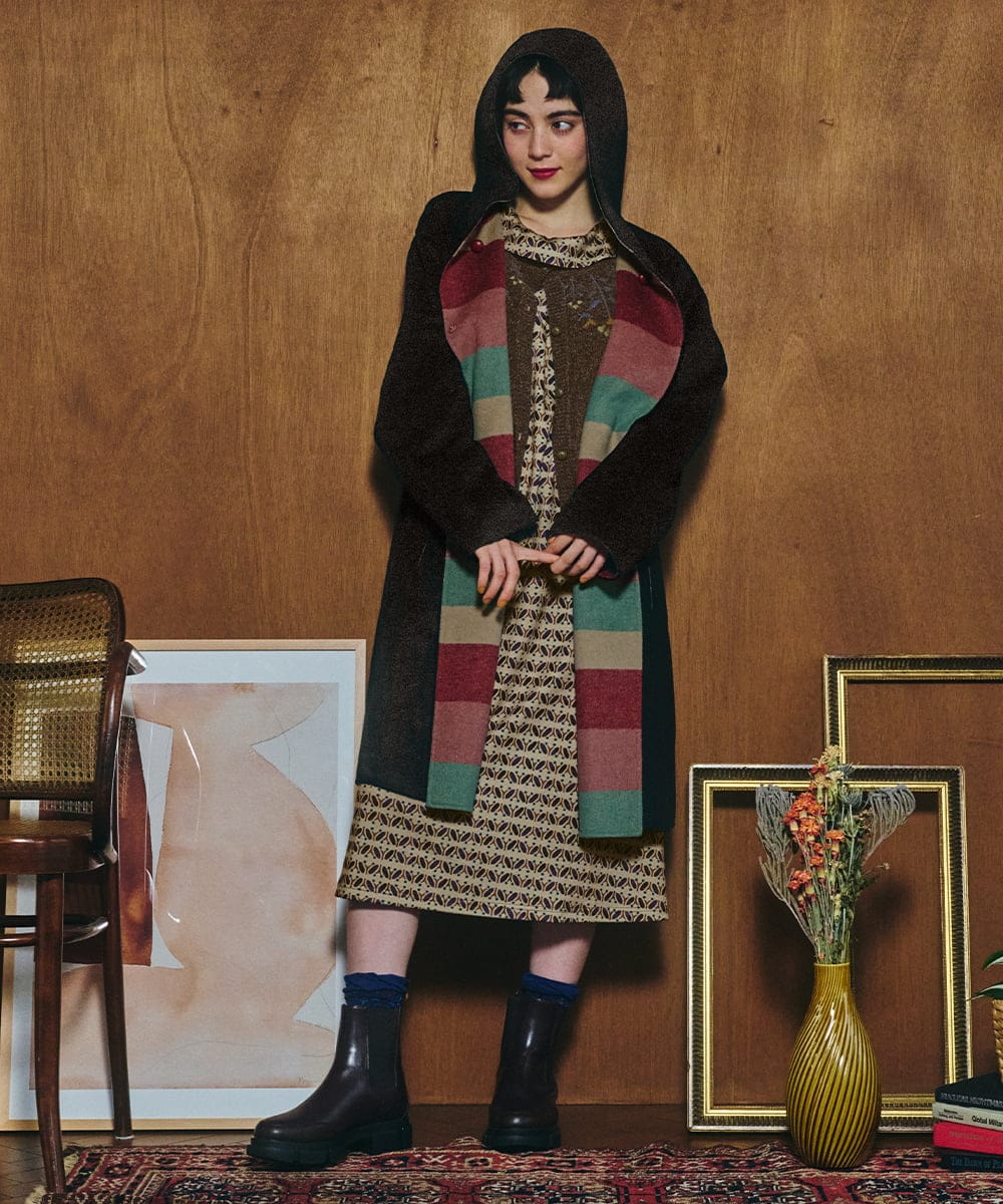 GJUAD33500 Jocomomola(ホコモモラ) 【2WAY】Wフェイスリバーフード付きロングコート ダークグレー