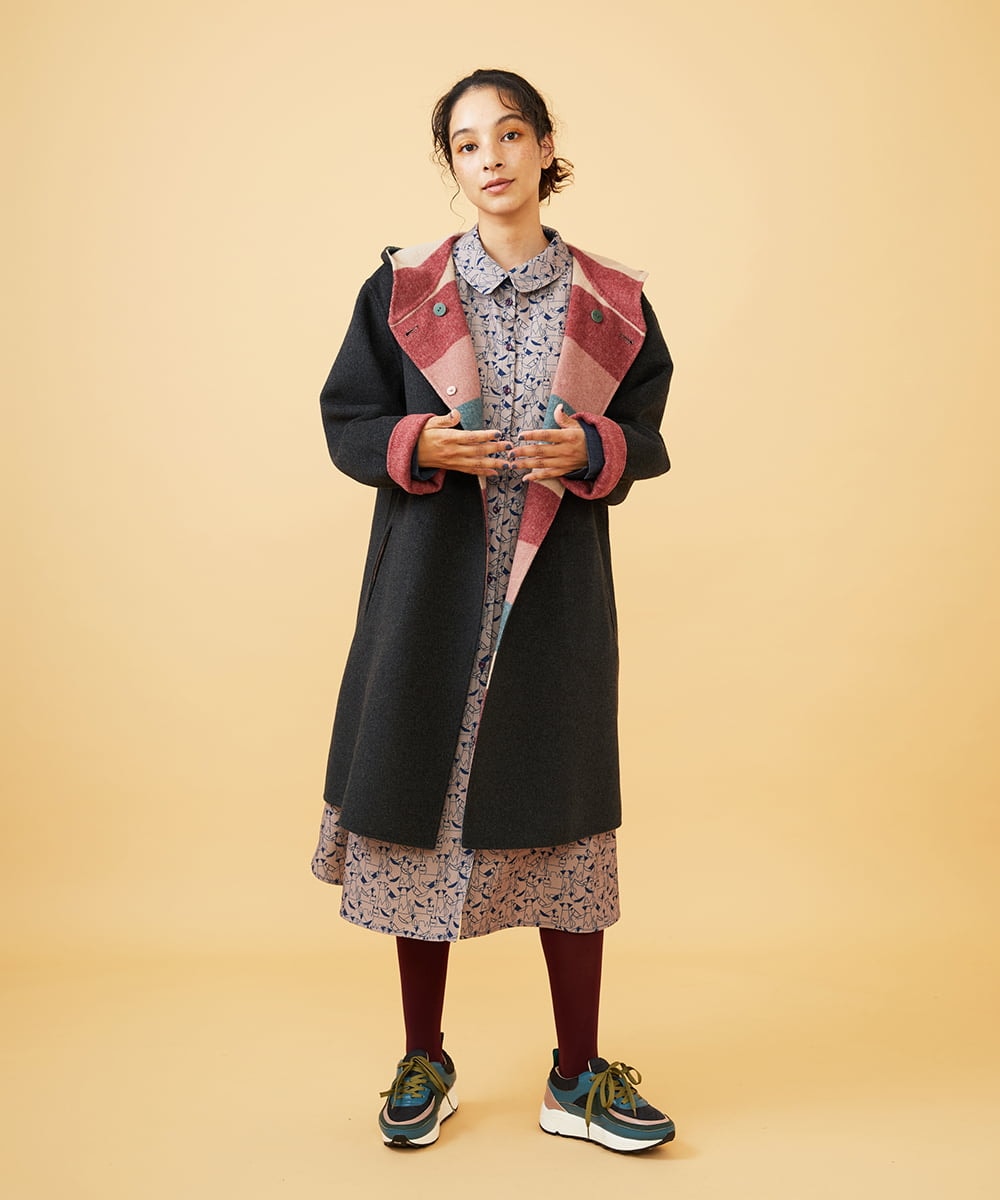 GJUAD33500 Jocomomola(ホコモモラ) 【2WAY】Wフェイスリバーフード付きロングコート ダークグレー