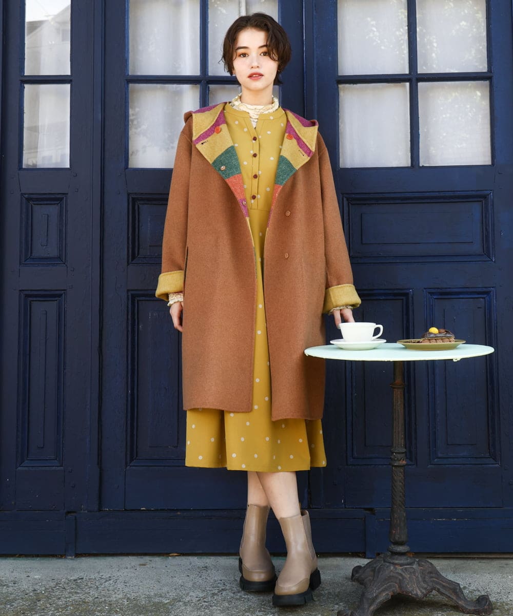 GJUAD33500 Jocomomola(ホコモモラ) 【2WAY】Wフェイスリバーフード付きロングコート ダークグレー