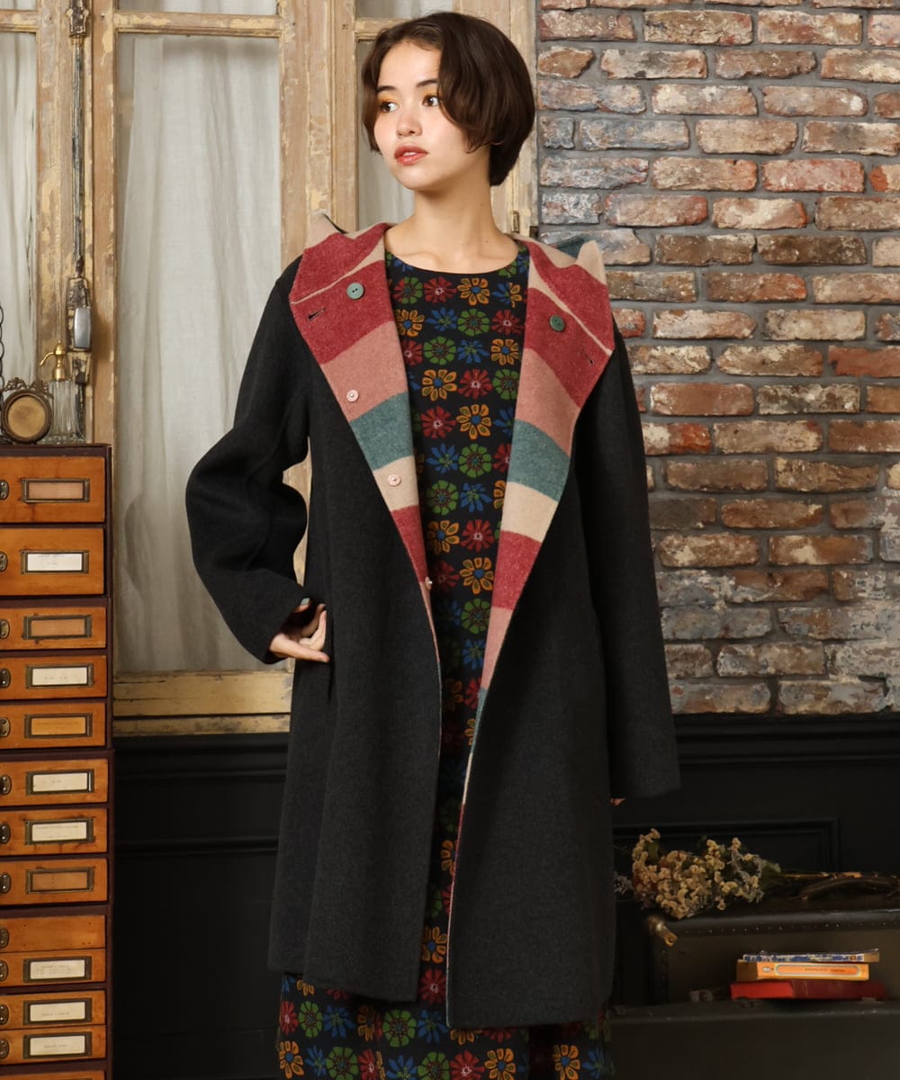 GJUAD33500 Jocomomola(ホコモモラ) 【2WAY】Wフェイスリバーフード付きロングコート ダークグレー