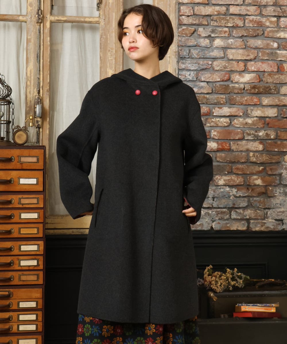 GJUAD33500 Jocomomola(ホコモモラ) 【2WAY】Wフェイスリバーフード付きロングコート ダークグレー