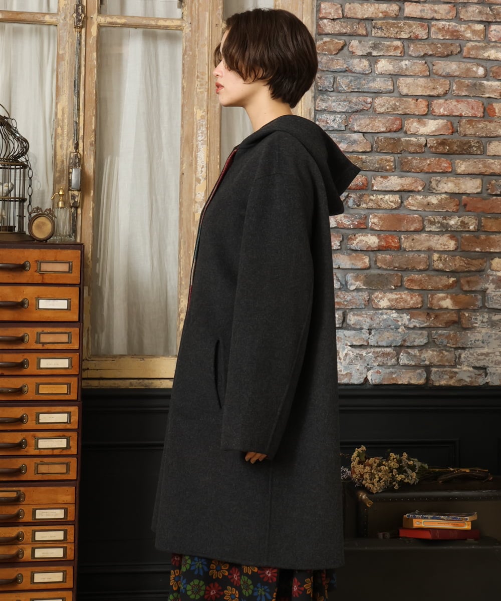 GJUAD33500 Jocomomola(ホコモモラ) 【2WAY】Wフェイスリバーフード付きロングコート ダークグレー