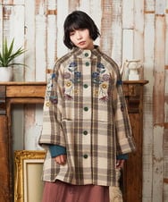 GJUAE04550 Jocomomola(ホコモモラ) Calle de Bordadores チェック×フラワー刺繍コート ベージュ