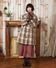 GJUAE04550 Jocomomola(ホコモモラ) Calle de Bordadores チェック×フラワー刺繍コート ベージュ