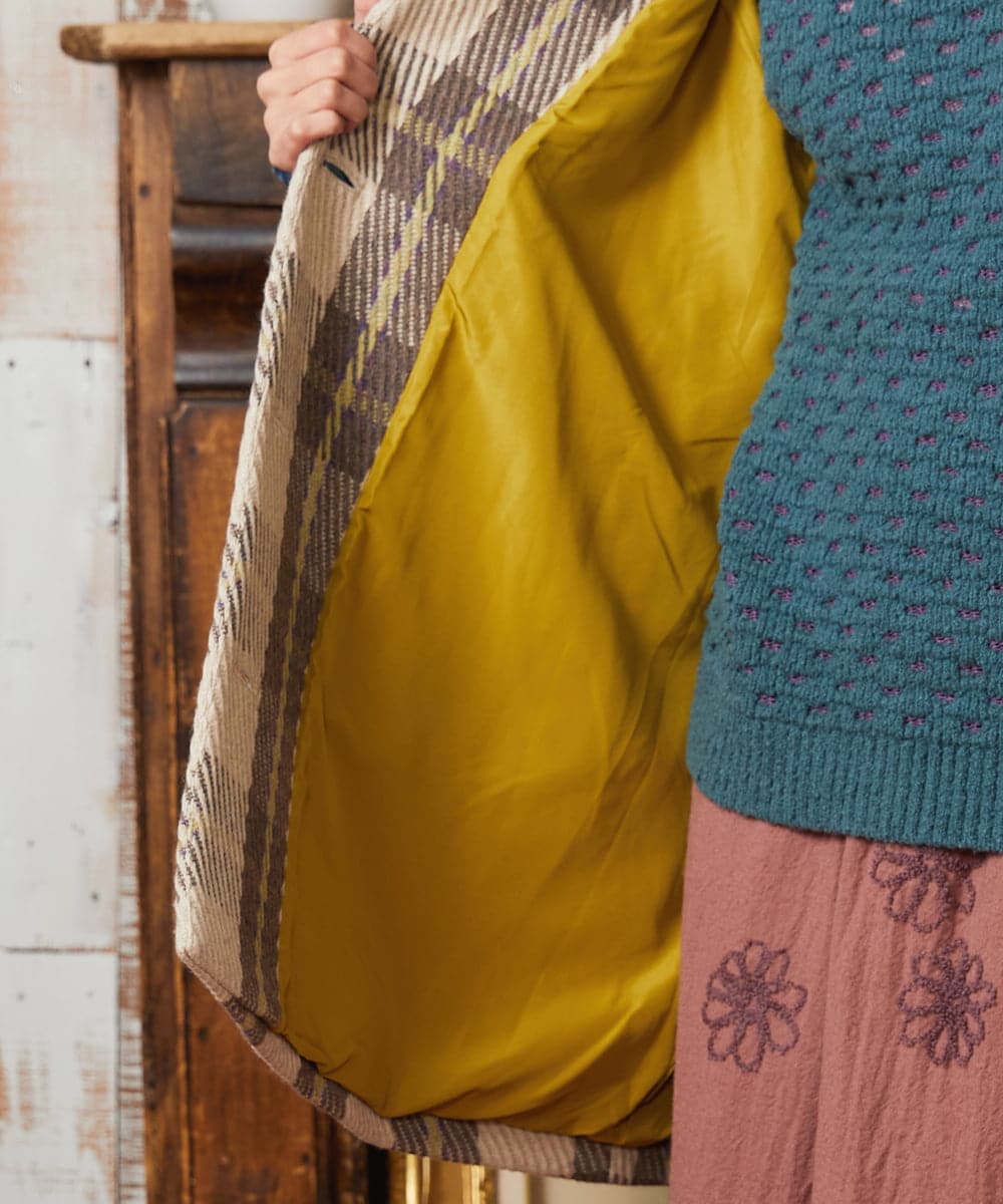 GJUAE04550 Jocomomola(ホコモモラ) Calle de Bordadores チェック×フラワー刺繍コート ベージュ