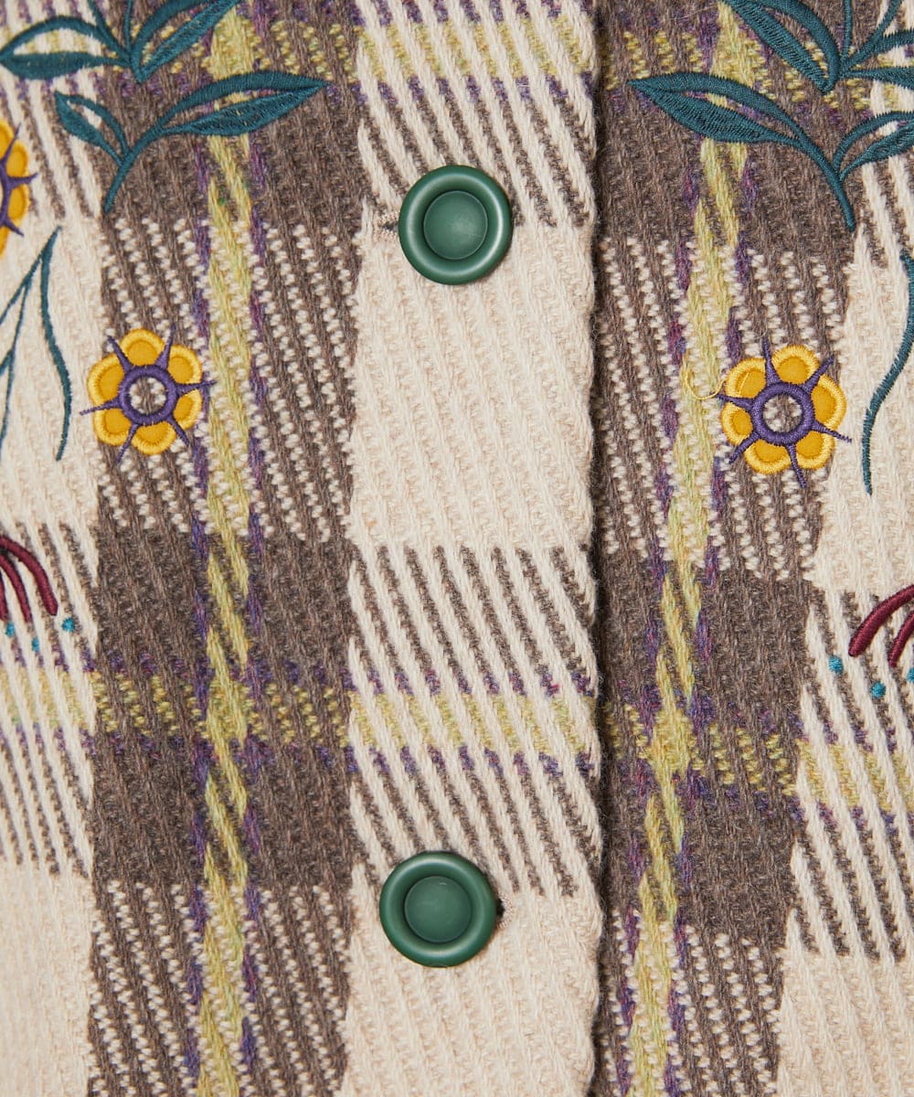 GJUAE04550 Jocomomola(ホコモモラ) Calle de Bordadores チェック×フラワー刺繍コート ベージュ