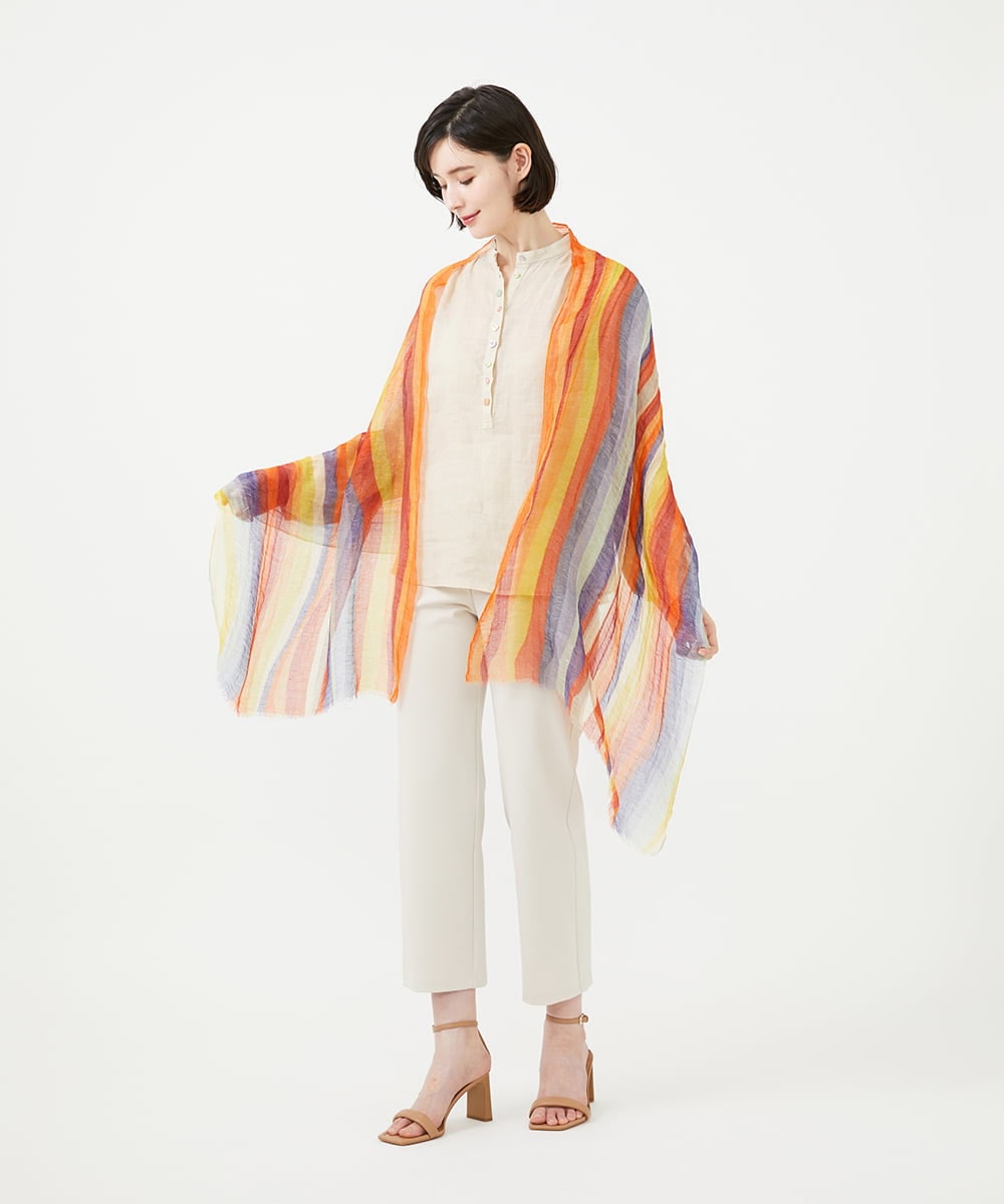 GK3GD02150 Sybilla(シビラ) マルチストライプリネンストール オレンジ系