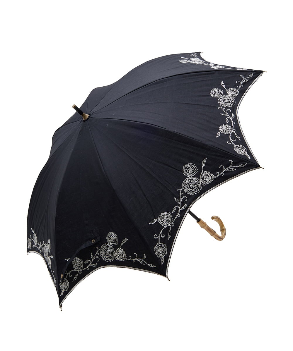 GKYGB03210 Sybilla(シビラ) 【晴雨兼用・UVカット】フラワーモチーフ刺繍日傘 ブラック