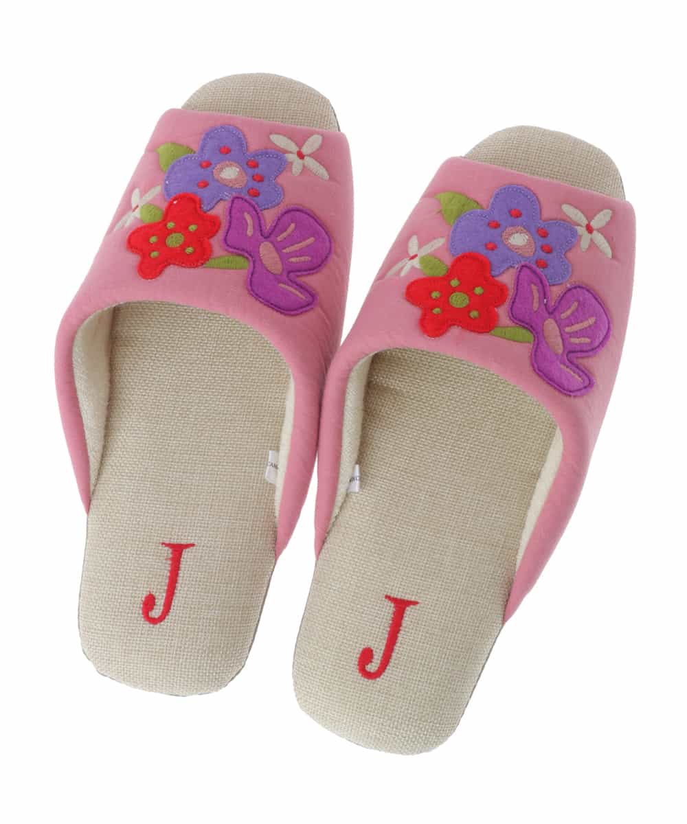 GNFDT03025 Jocomomola(ホコモモラ) 【洗える】フラワーアップリケ刺繍デザインスリッパ ピンク