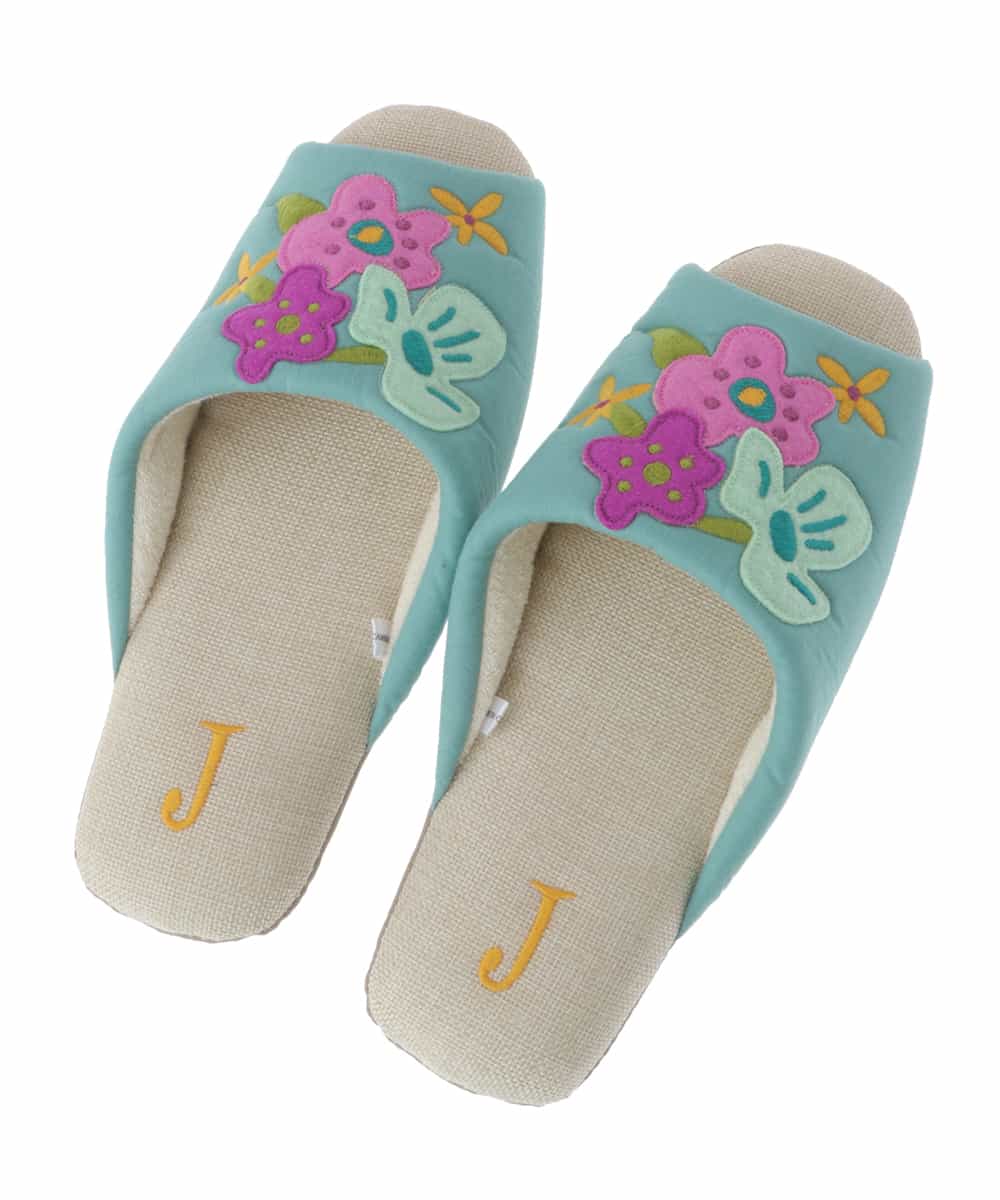 GNFDT03025 Jocomomola(ホコモモラ) 【洗える】フラワーアップリケ刺繍デザインスリッパ ライトブルー