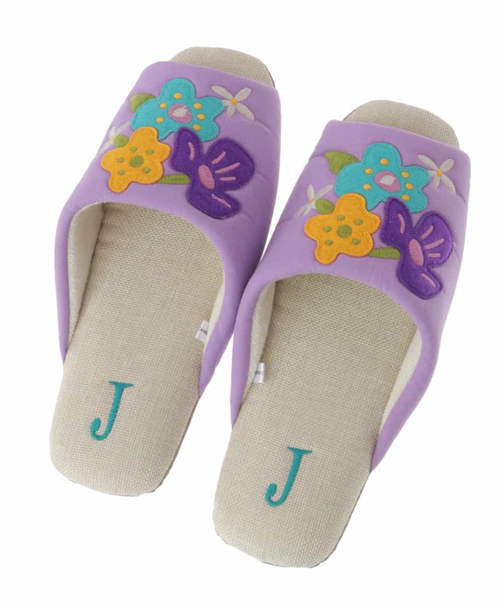 GNFDT03025 Jocomomola(ホコモモラ) 【洗える】フラワーアップリケ刺繍デザインスリッパ パープル