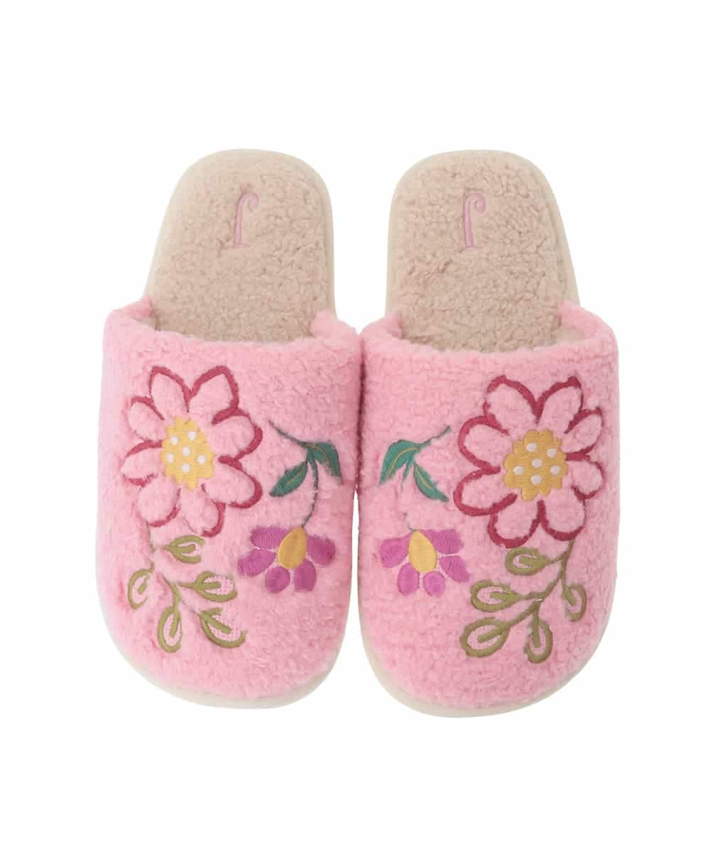 GNFTD02027 Jocomomola(ホコモモラ) 【洗える】フラワー刺繍ボアスリッパ ピンク