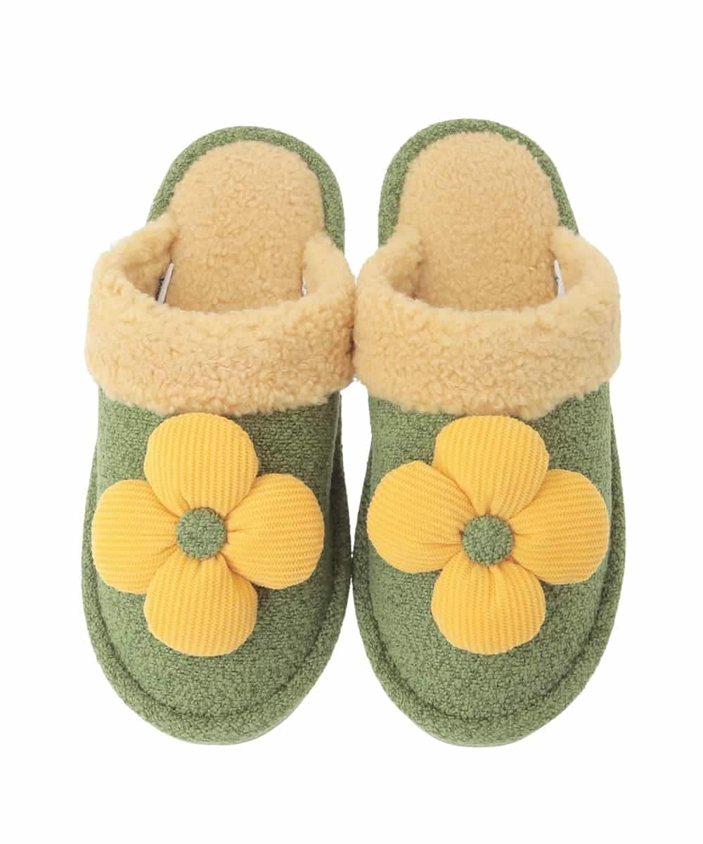 GNFTD03028 Jocomomola(ホコモモラ) 【洗える】立体フラワーモチーフボアスリッパ グリーン