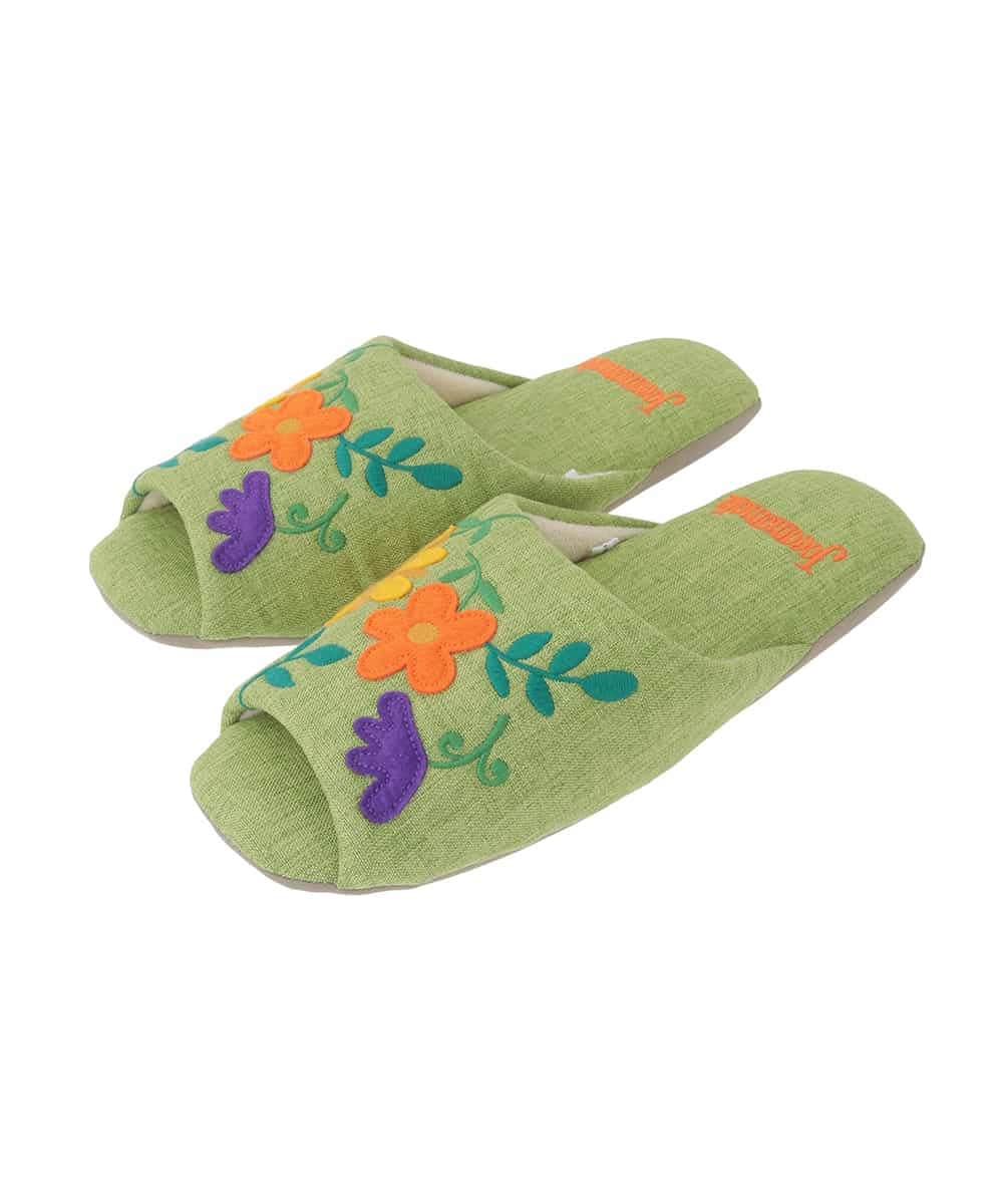 GNFTG02025 Jocomomola(ホコモモラ) 【洗える】フラワー刺繍オープントゥスリッパ グリーン