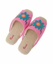 GNFTG03025 Jocomomola(ホコモモラ) 【洗える】フラワーアップリケオープントゥスリッパ ピンク