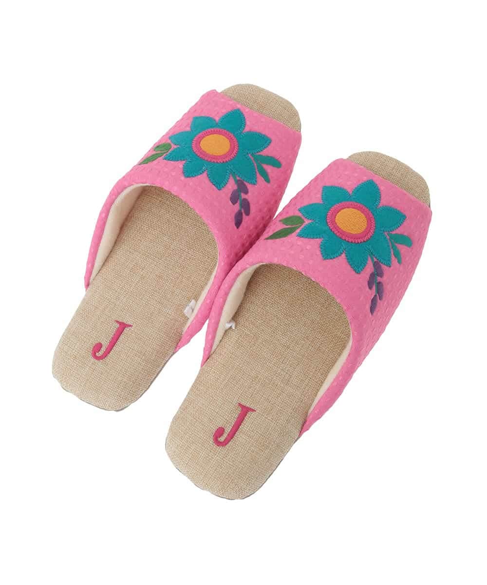 GNFTG03025 Jocomomola(ホコモモラ) 【洗える】フラワーアップリケオープントゥスリッパ ピンク