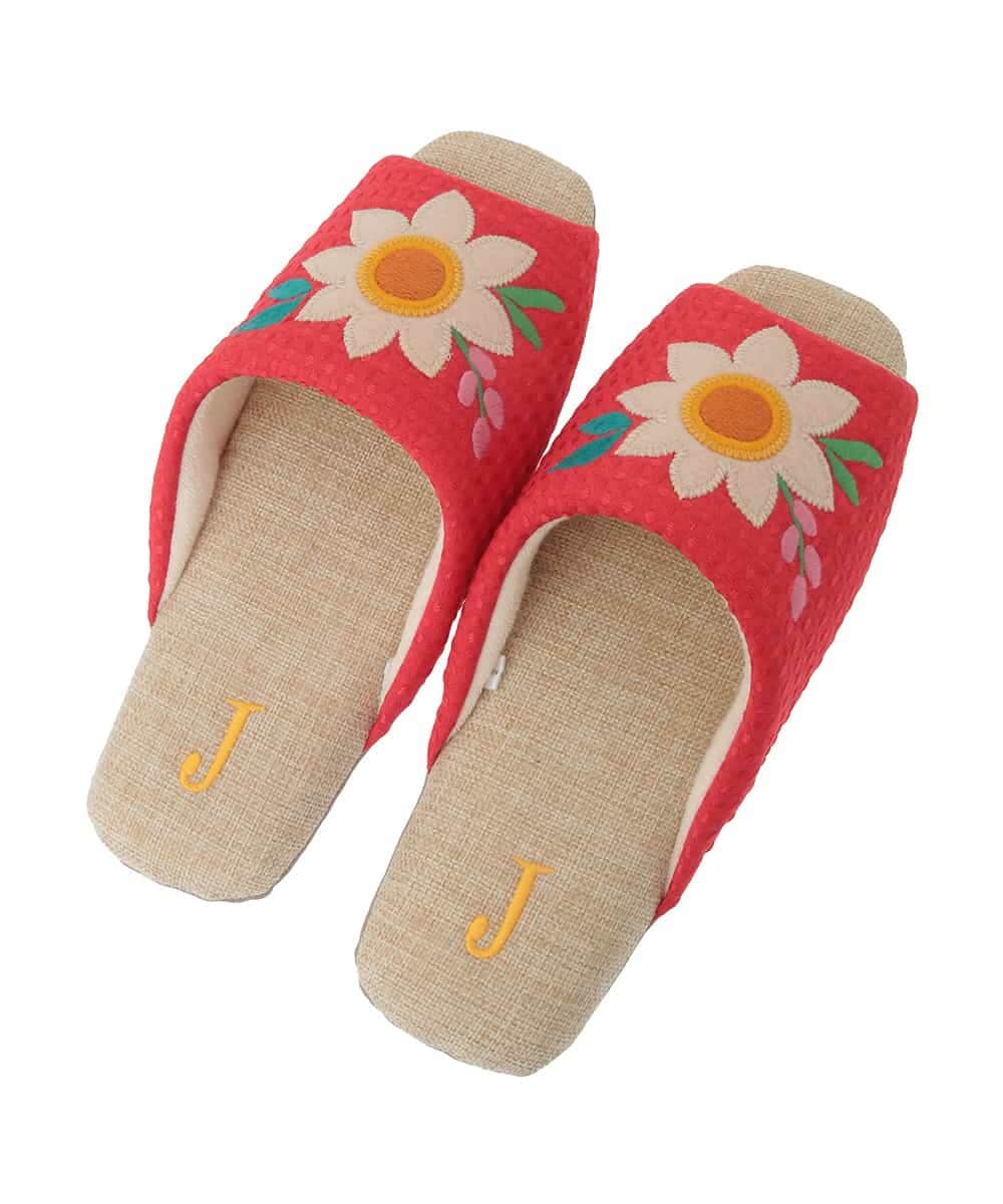 GNFTG03025 Jocomomola(ホコモモラ) 【洗える】フラワーアップリケオープントゥスリッパ レッド