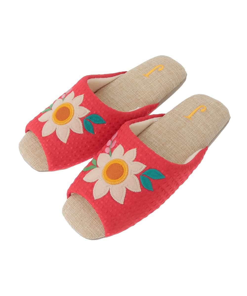 GNFTG03025 Jocomomola(ホコモモラ) 【洗える】フラワーアップリケオープントゥスリッパ レッド