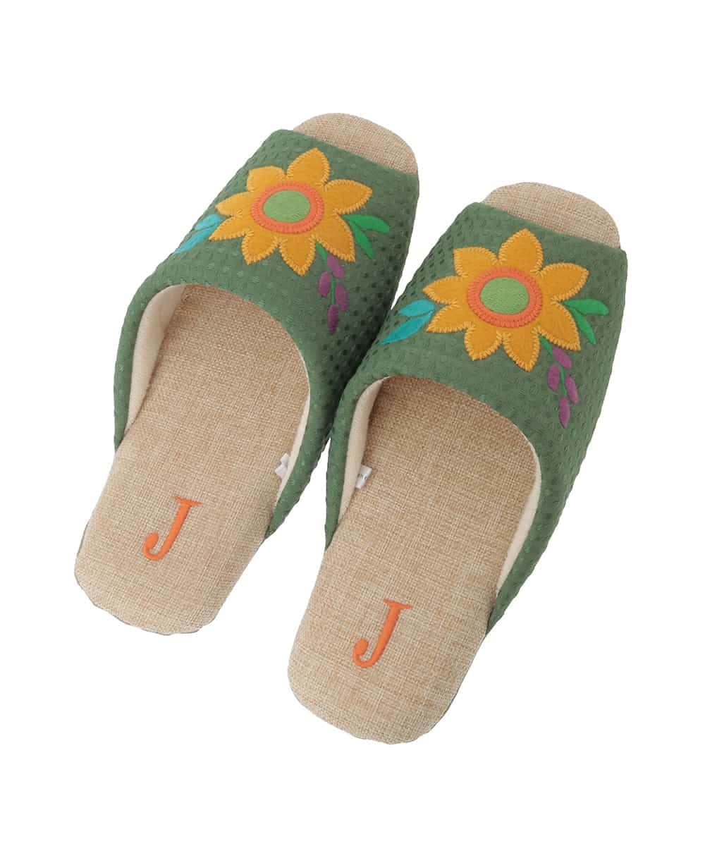 GNFTG03025 Jocomomola(ホコモモラ) 【洗える】フラワーアップリケオープントゥスリッパ グリーン