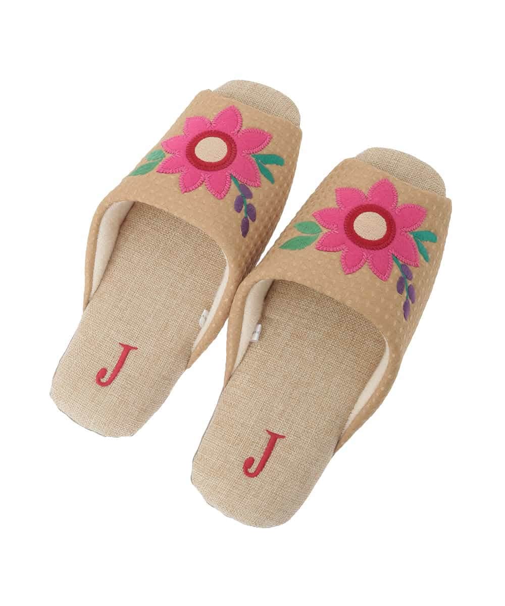 GNFTG03025 Jocomomola(ホコモモラ) 【洗える】フラワーアップリケオープントゥスリッパ ベージュ