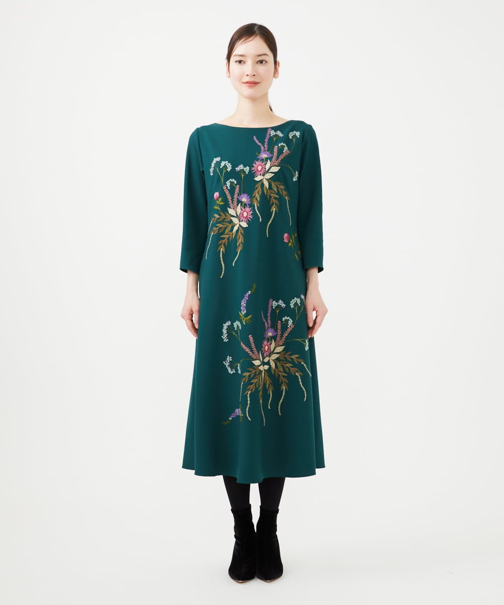 GYEVF02100 Sybilla(シビラ) ◆受注生産◆ブーケフラワー刺繍ドレス グリーン