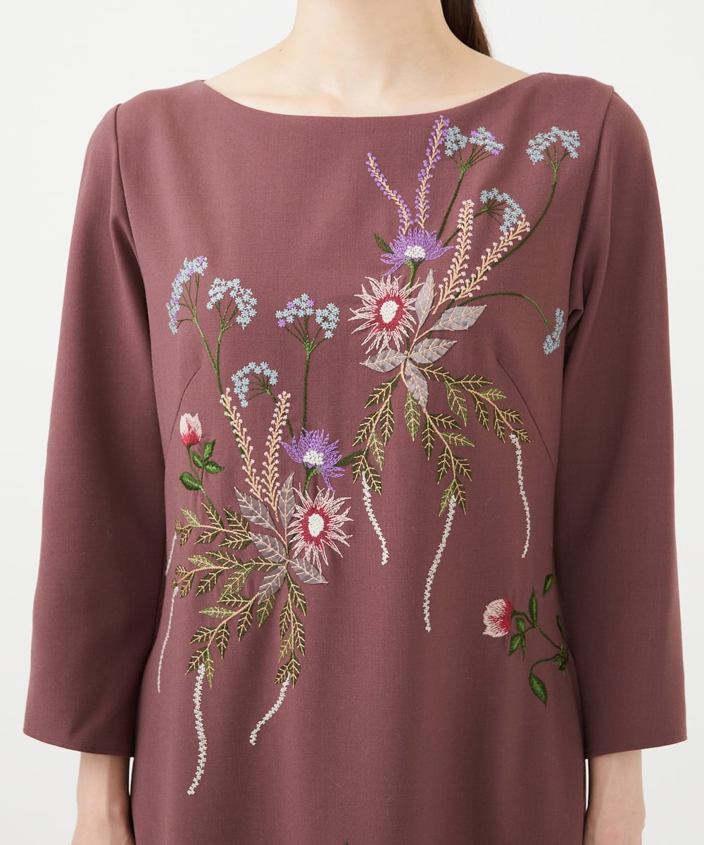 GYEVF02100 Sybilla(シビラ) ◆受注生産◆ブーケフラワー刺繍ドレス レッドブラウン