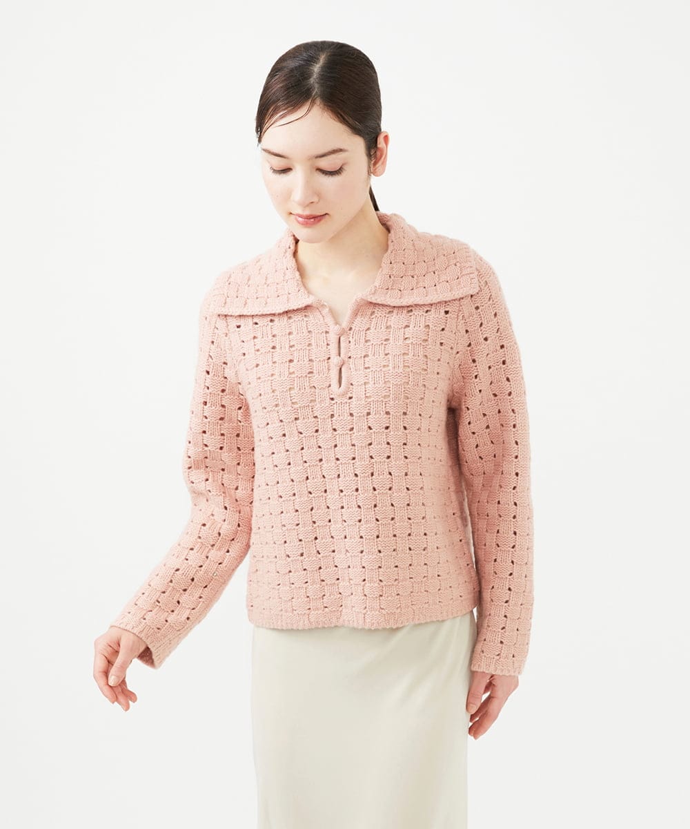 GYFAF01500 Sybilla(シビラ) ◆受注生産◆襟付きバスケット編みプルオーバー サーモンピンク