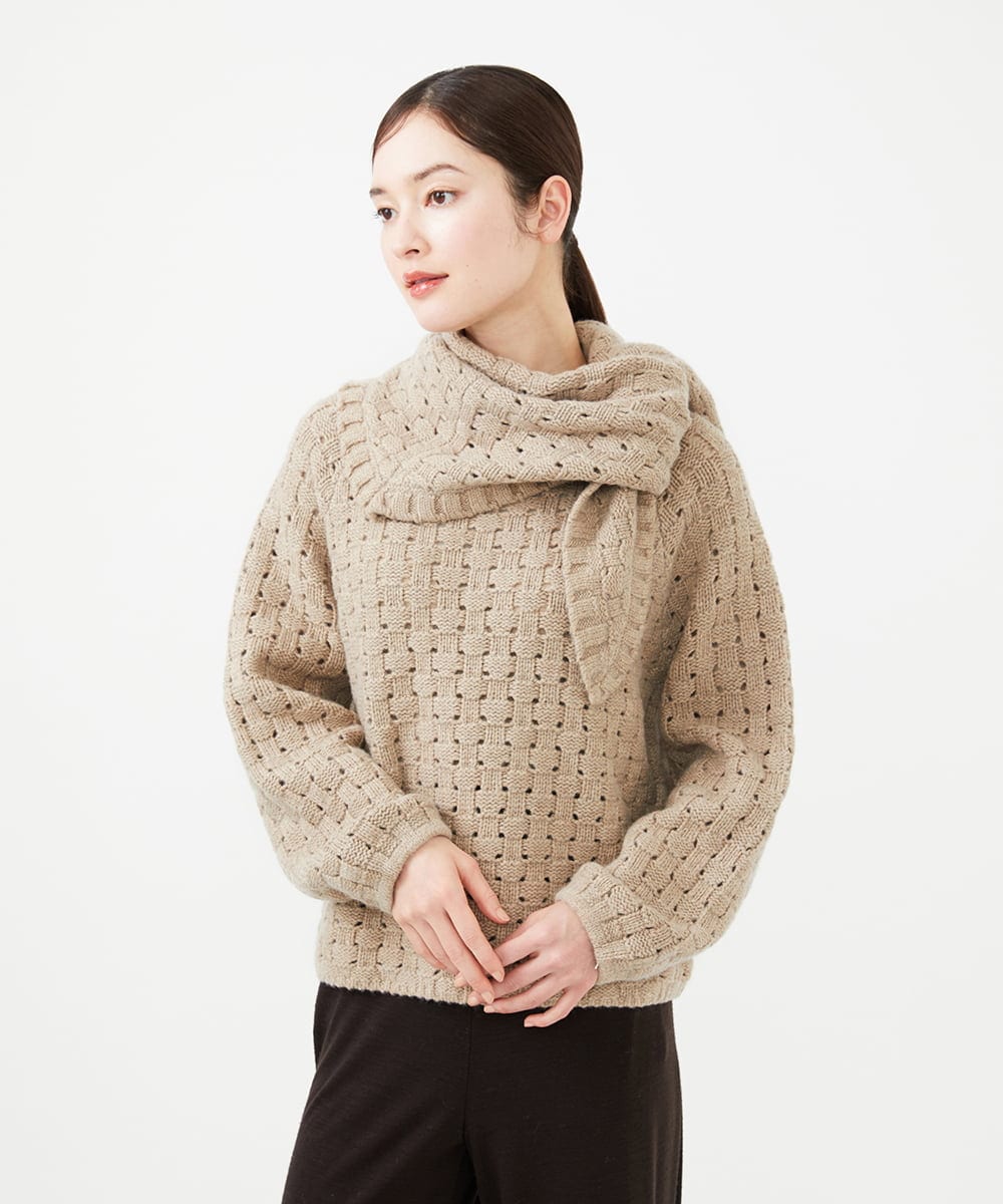 GYFAF02600 Sybilla(シビラ) ◆受注生産◆スカーフ付きバスケット編みプルオーバー モカベージュ