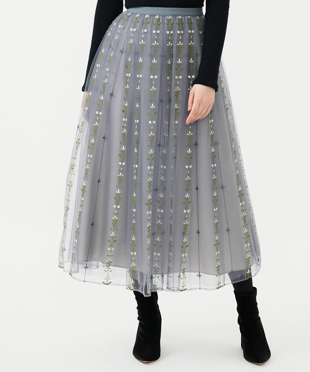GYHAI04890 Sybilla(シビラ) ◆受注生産◆リーフ刺繍チュールスカート グレー