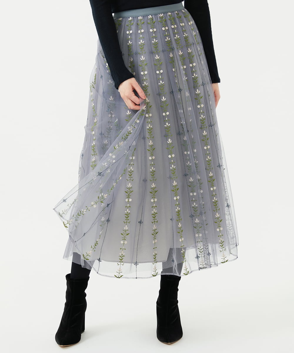 GYHAI04890 Sybilla(シビラ) ◆受注生産◆リーフ刺繍チュールスカート グレー