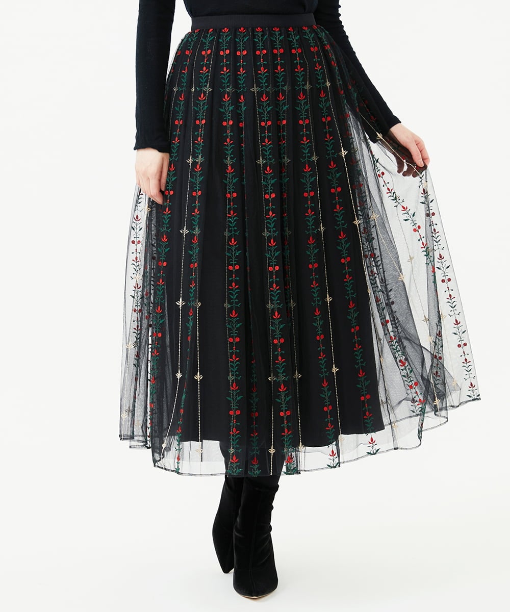 GYHAI04890 Sybilla(シビラ) ◆受注生産◆リーフ刺繍チュールスカート ブラック