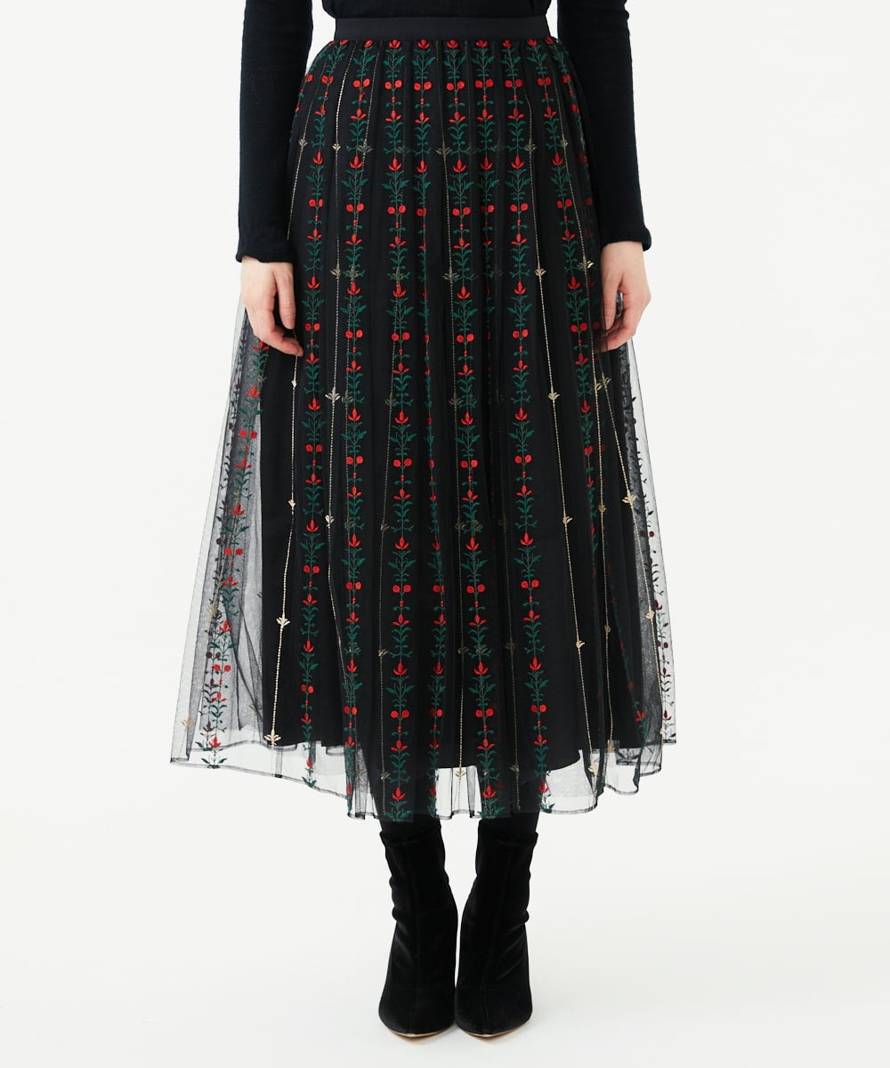 GYHAI04890 Sybilla(シビラ) ◆受注生産◆リーフ刺繍チュールスカート ブラック