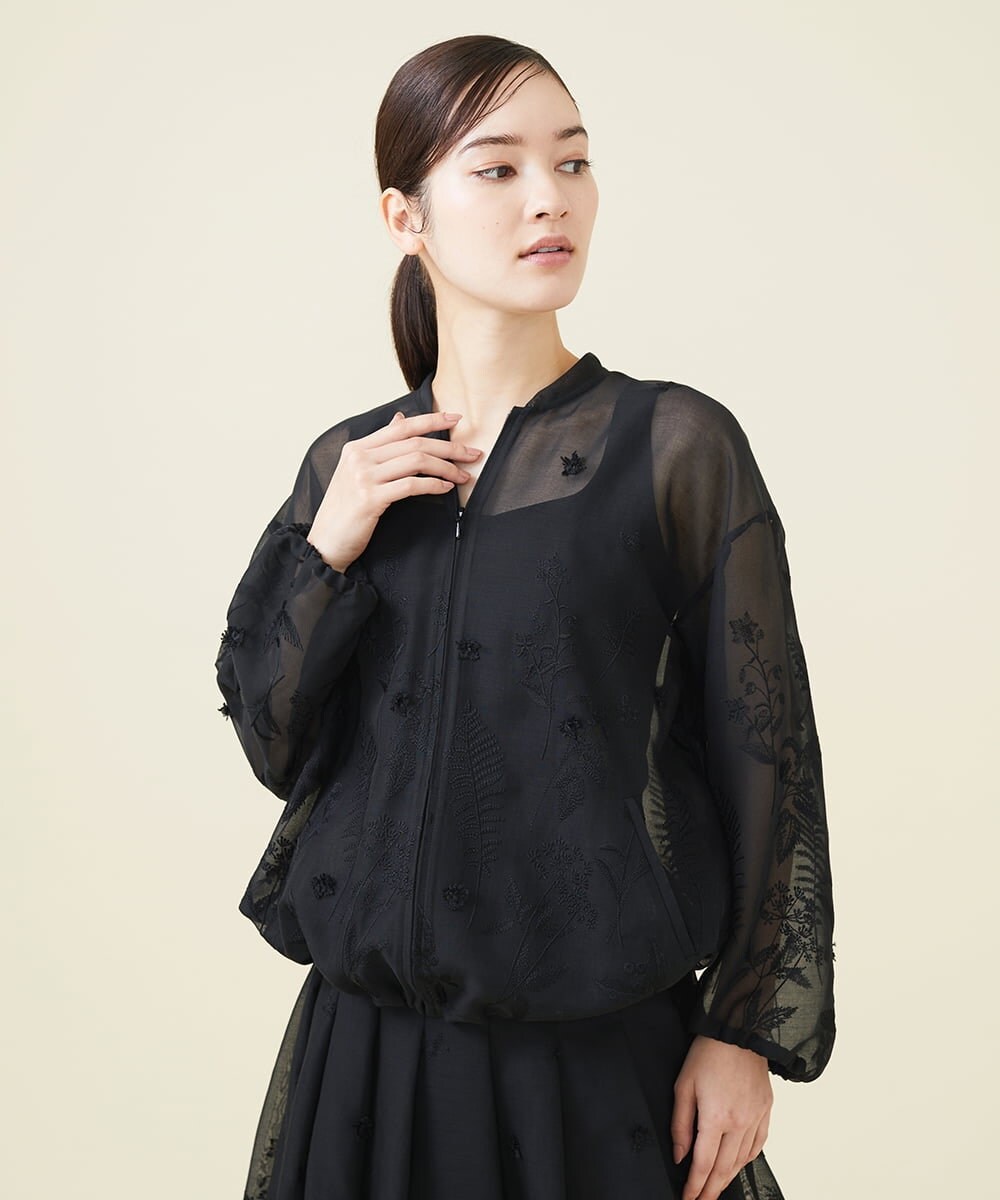 GYJGX01700 Sybilla(シビラ) ◆受注生産につき返品・交換・キャンセル不可◆ボタニカルガーデン刺繍シアーブルゾン ブラック