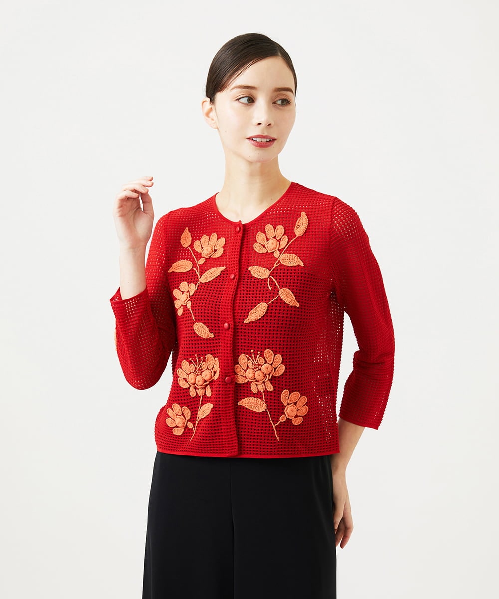 GYSGF01800 Sybilla(シビラ) ◆受注生産◆フラワークロッシェカーディガン(ロングスリーブ) レッド