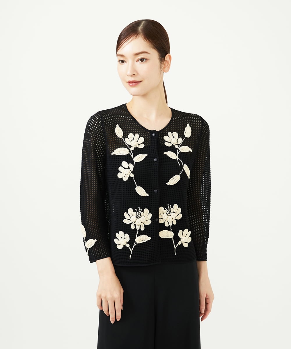 GYSGF01800 Sybilla(シビラ) ◆受注生産◆フラワークロッシェカーディガン(ロングスリーブ) ブラック
