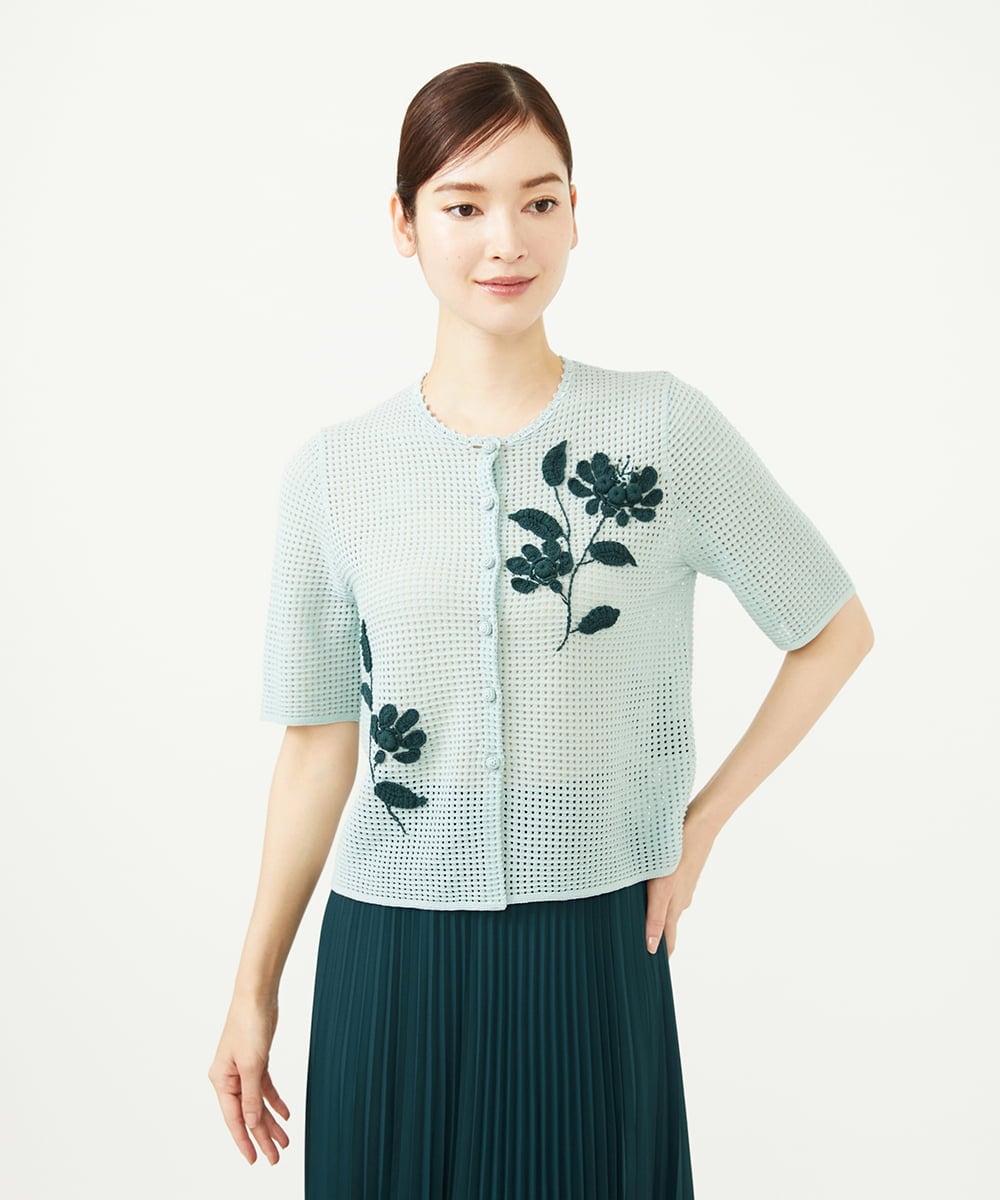 GYSGF02630 Sybilla(シビラ) ◆受注生産◆フラワークロッシェカーディガン(ショートスリーブ) ライトブルー