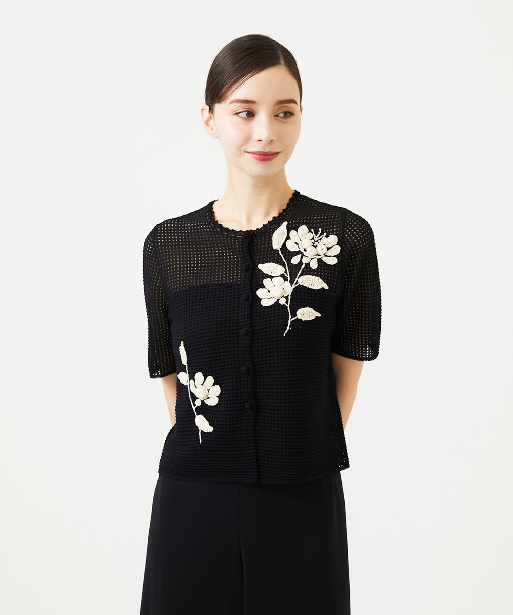 GYSGF02630 Sybilla(シビラ) ◆受注生産◆フラワークロッシェカーディガン(ショートスリーブ) ブラック
