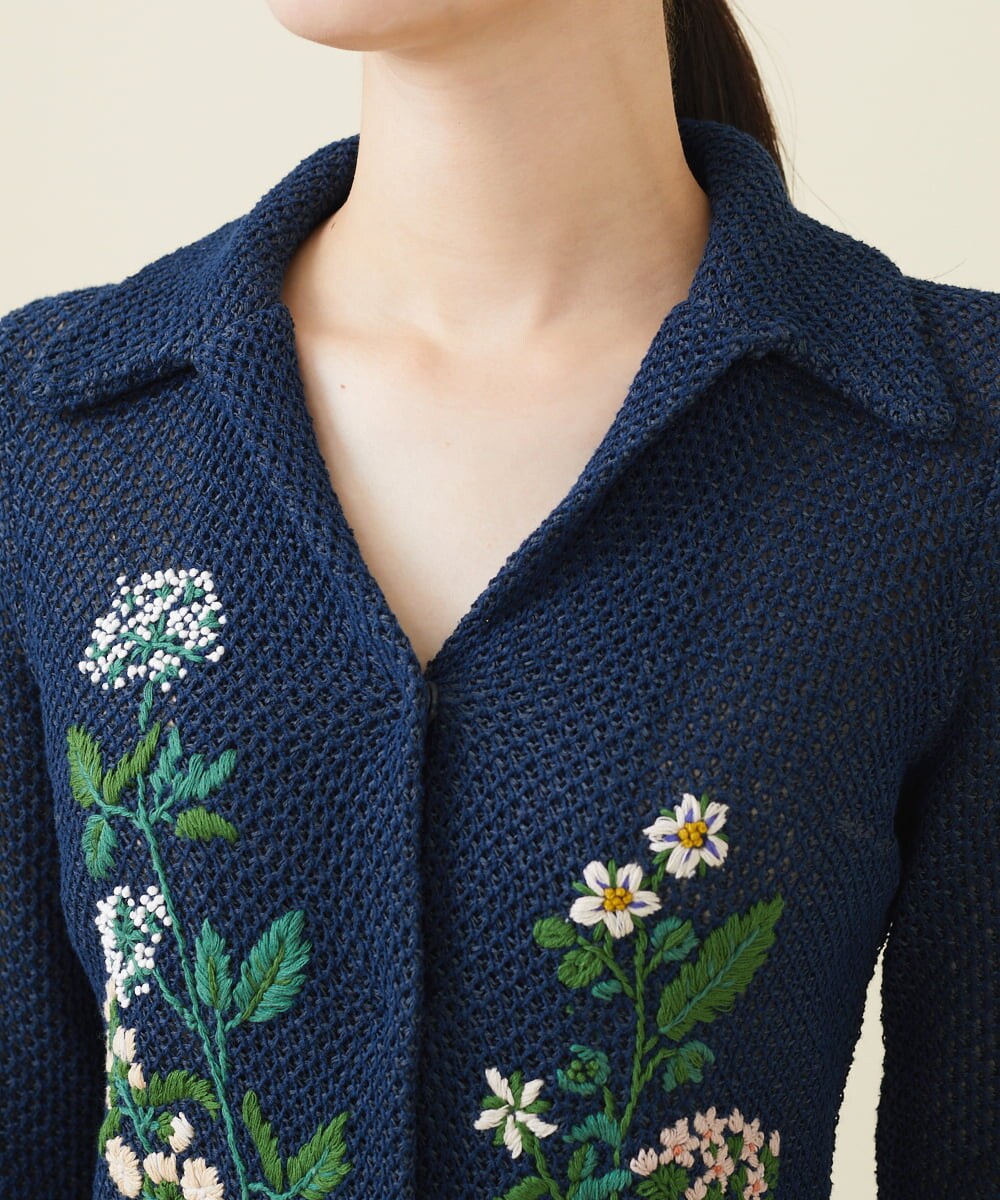 GYSGX01490 Sybilla(シビラ) ◆受注生産につき返品・交換・キャンセル不可◆ボタニカルガーデン刺繍メッシュ編みニットジャケット ネイビー