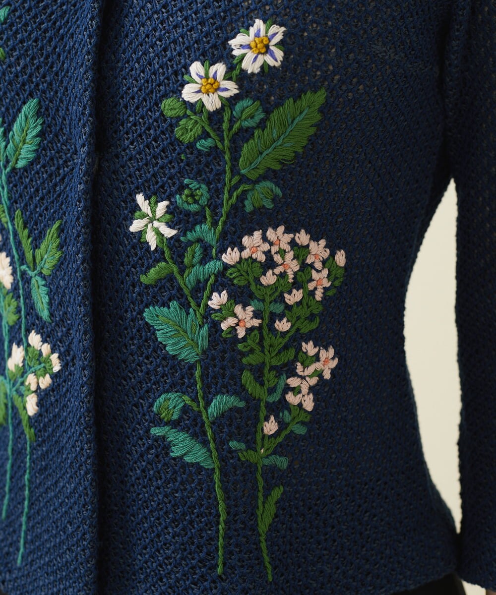 GYSGX01490 Sybilla(シビラ) ◆受注生産につき返品・交換・キャンセル不可◆ボタニカルガーデン刺繍メッシュ編みニットジャケット ネイビー