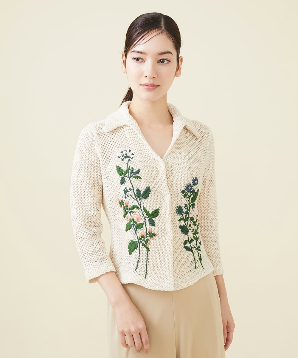 GYSGX01490 Sybilla(シビラ) ◆受注生産につき返品・交換・キャンセル不可◆ボタニカルガーデン刺繍メッシュ編みニットジャケット アイボリー