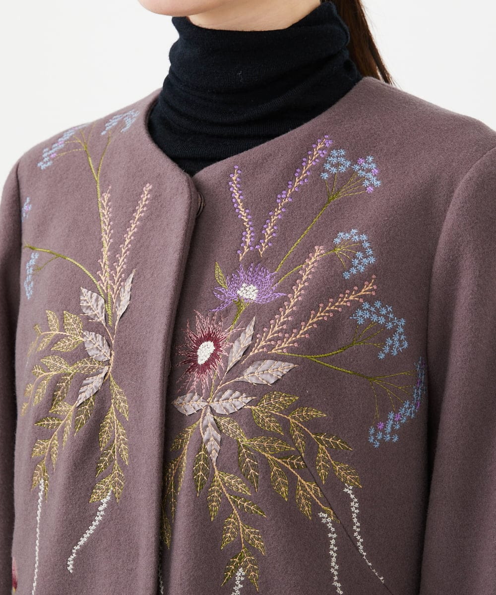 GYUVF01160 Sybilla(シビラ) ◆受注生産◆ブーケフラワー刺繍コート グレイッシュブラウン