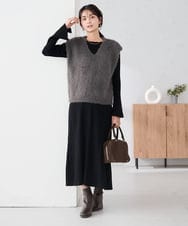 K2AKA01089 a.v.v(アー・ヴェ・ヴェ) 【2SET】フェザーベスト×フレアニットワンピース ブラック