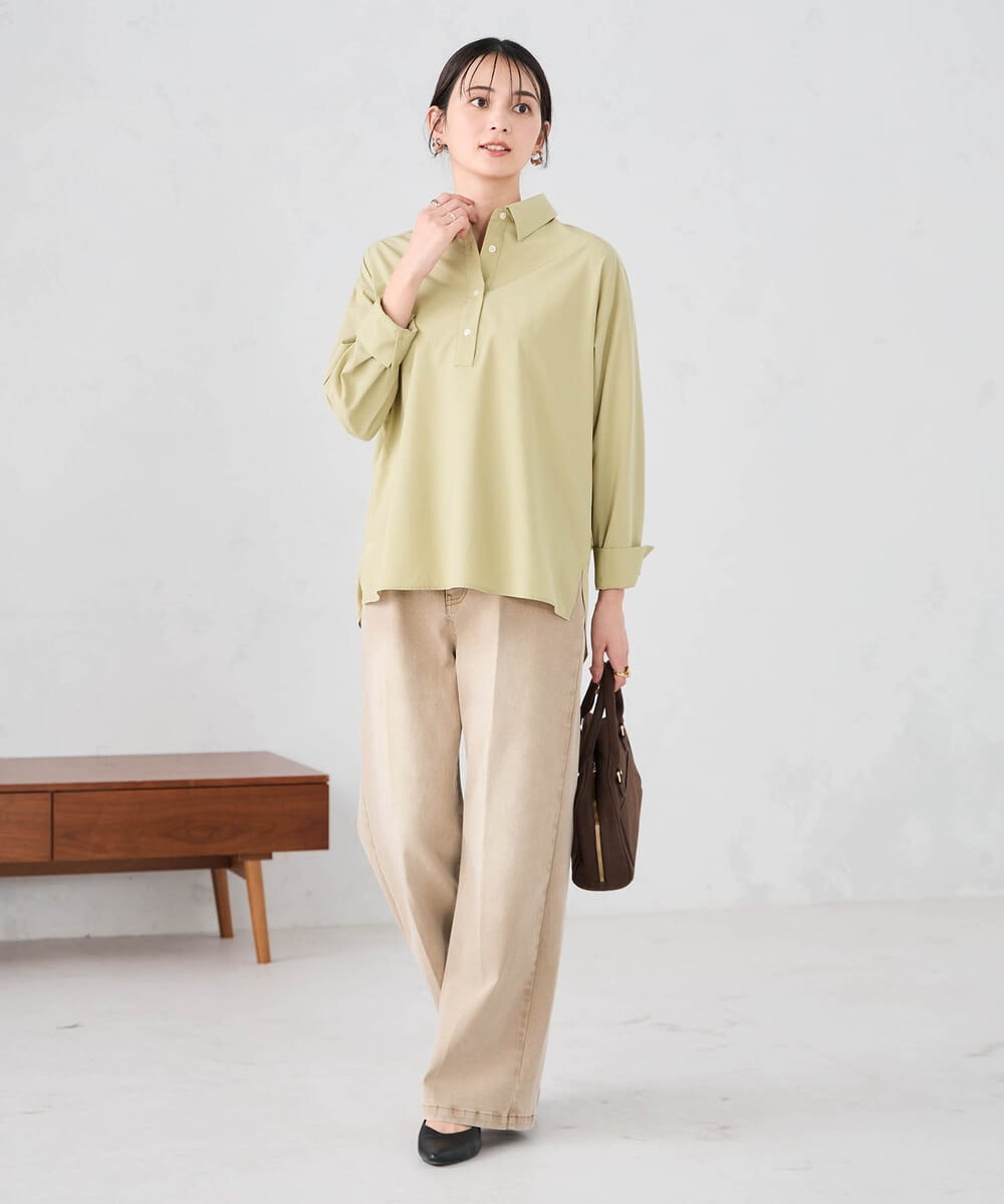 K2BFD02044 a.v.v(アー・ヴェ・ヴェ) 【シワになりにくい】スキッパーシャツ ライトカーキ