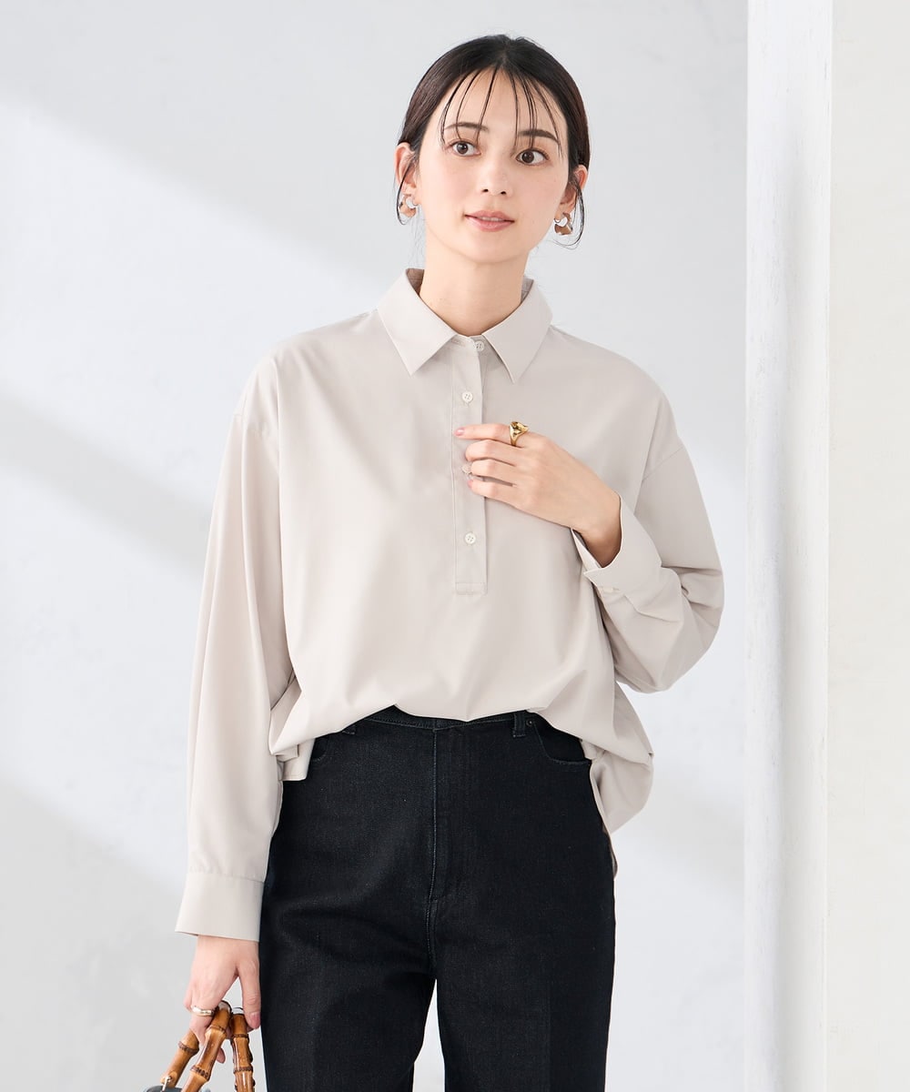 K2BFD02044 a.v.v(アー・ヴェ・ヴェ) 【シワになりにくい】スキッパーシャツ ライトカーキ