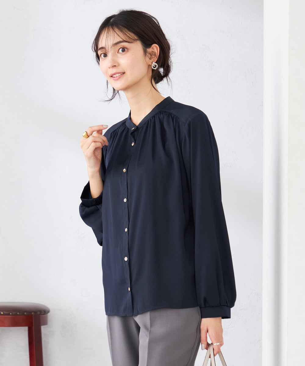 K2BFD04044 a.v.v(アー・ヴェ・ヴェ) 【洗える】サテンギャザーブラウス ピンク