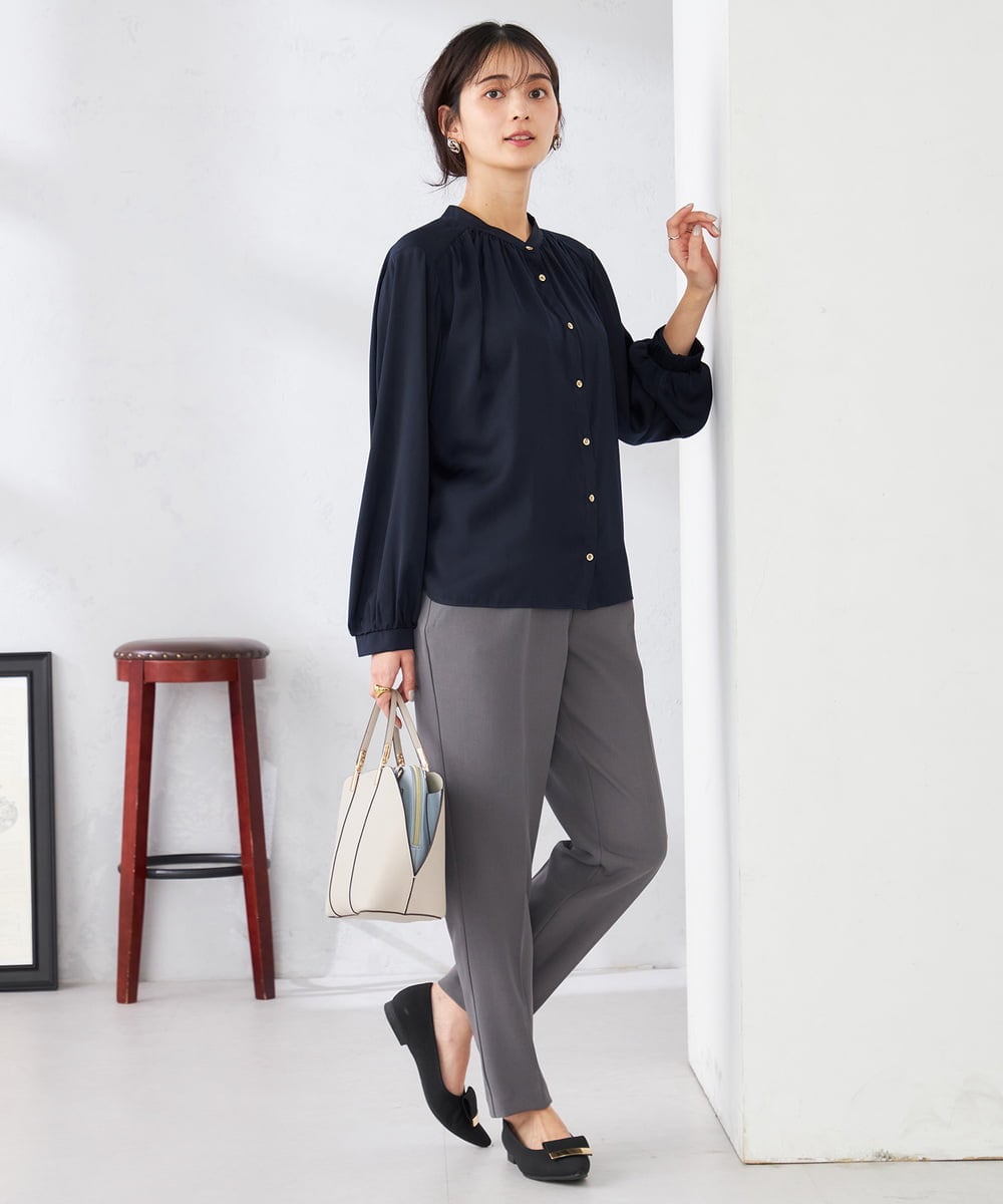 K2BFD04044 a.v.v(アー・ヴェ・ヴェ) 【洗える】サテンギャザーブラウス ピンク