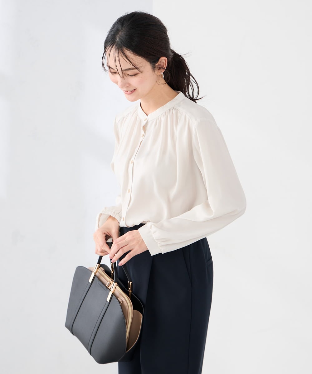 K2BFD04044 a.v.v(アー・ヴェ・ヴェ) 【洗える】サテンギャザーブラウス ピンク