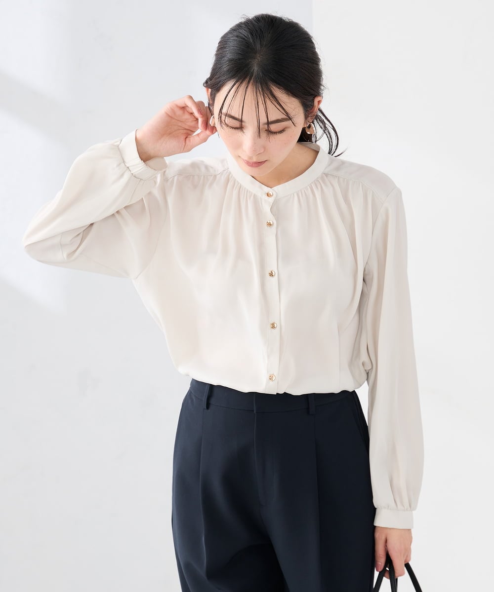 K2BFD04044 a.v.v(アー・ヴェ・ヴェ) 【洗える】サテンギャザーブラウス ピンク