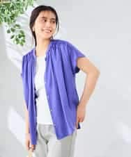 K2BGD05039 a.v.v(アー・ヴェ・ヴェ) 【接触冷感/UVカット】サテンギャザーブラウス【吸水速乾/イージーケア】 パープル